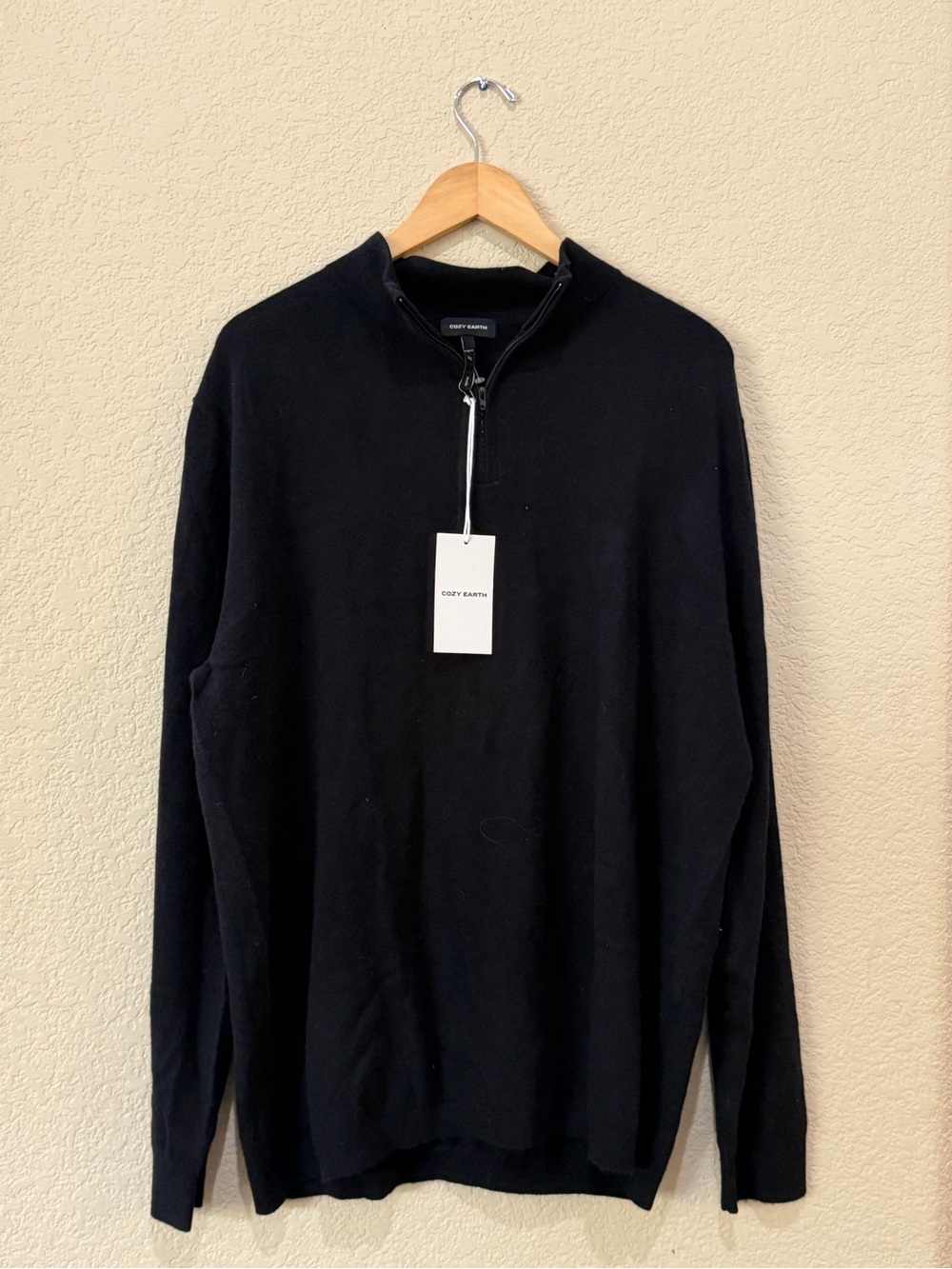 Cozy Earth Men’s Black Quarter-Zip Cashmere Sweater, Sz XL